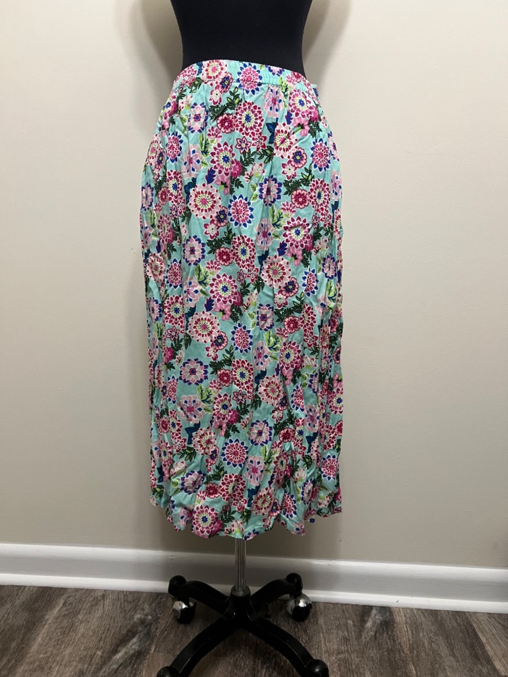National teal with pink flowers midi skirt